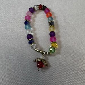 Multicolored Beaded Stretch Bracelet With Red & Gold Angel Charm